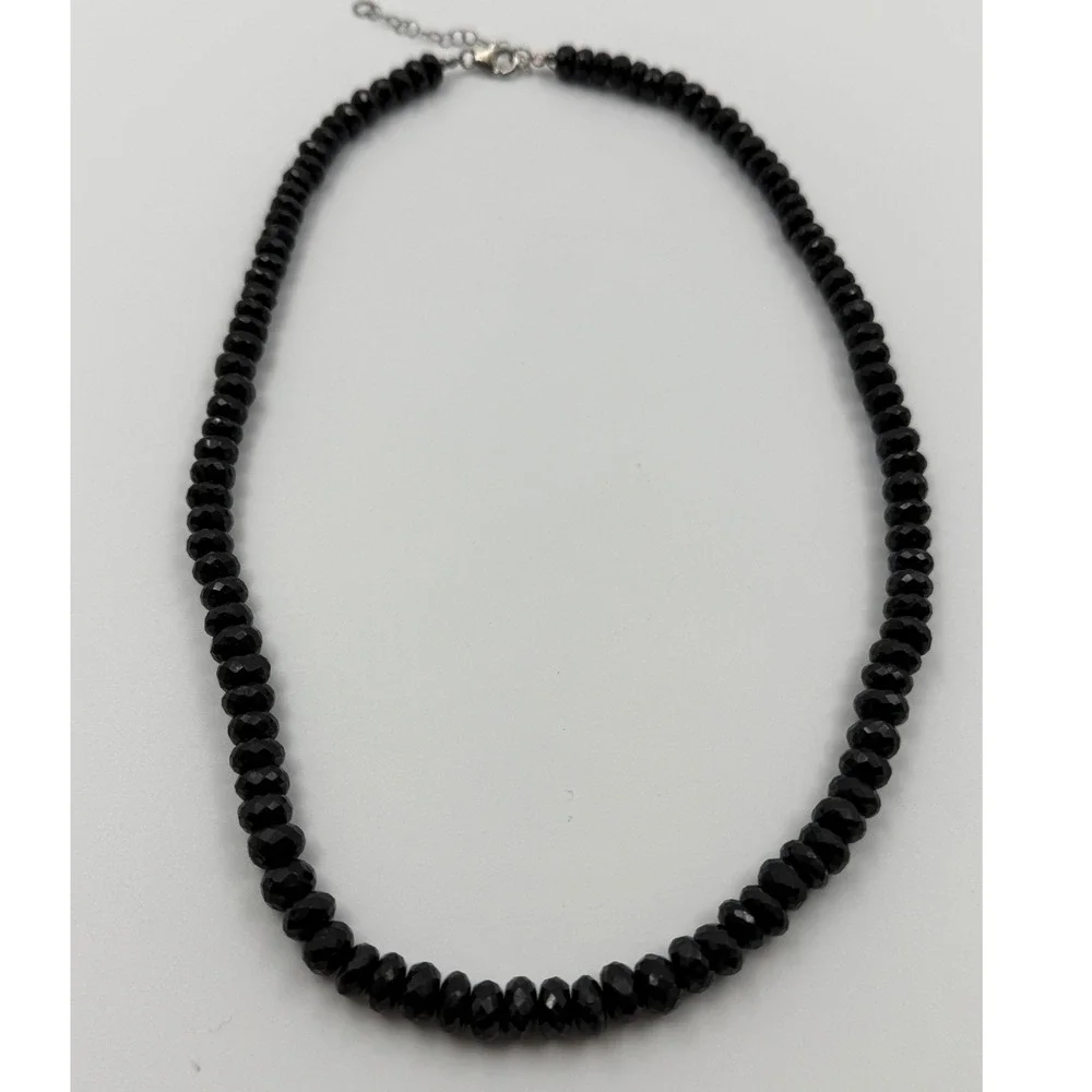 BBJ Sterling Silver Faceted Black Spinel Bead Necklace 925 Adjustable 17.5-19.5